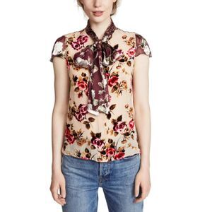 Alice + Olivia Jeannie Bow Collar Floral Cap Sleeve Women’s Size Small Blouse